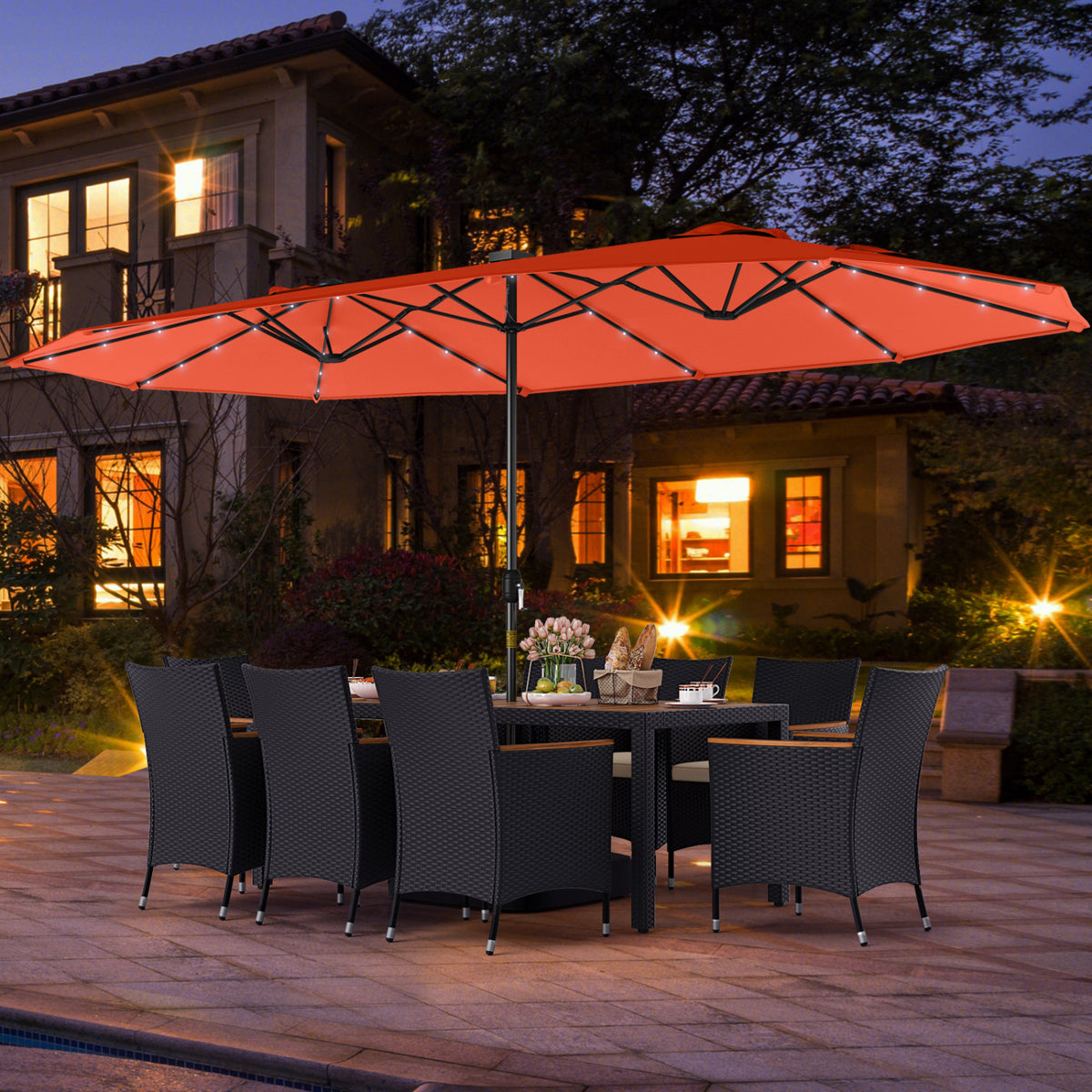 11 Pieces Patio Dining Set with LED Patio Umbrella with Base and Seat Cushions (Beige)-Orange-Patio Dining Sets-DECOROLALA
