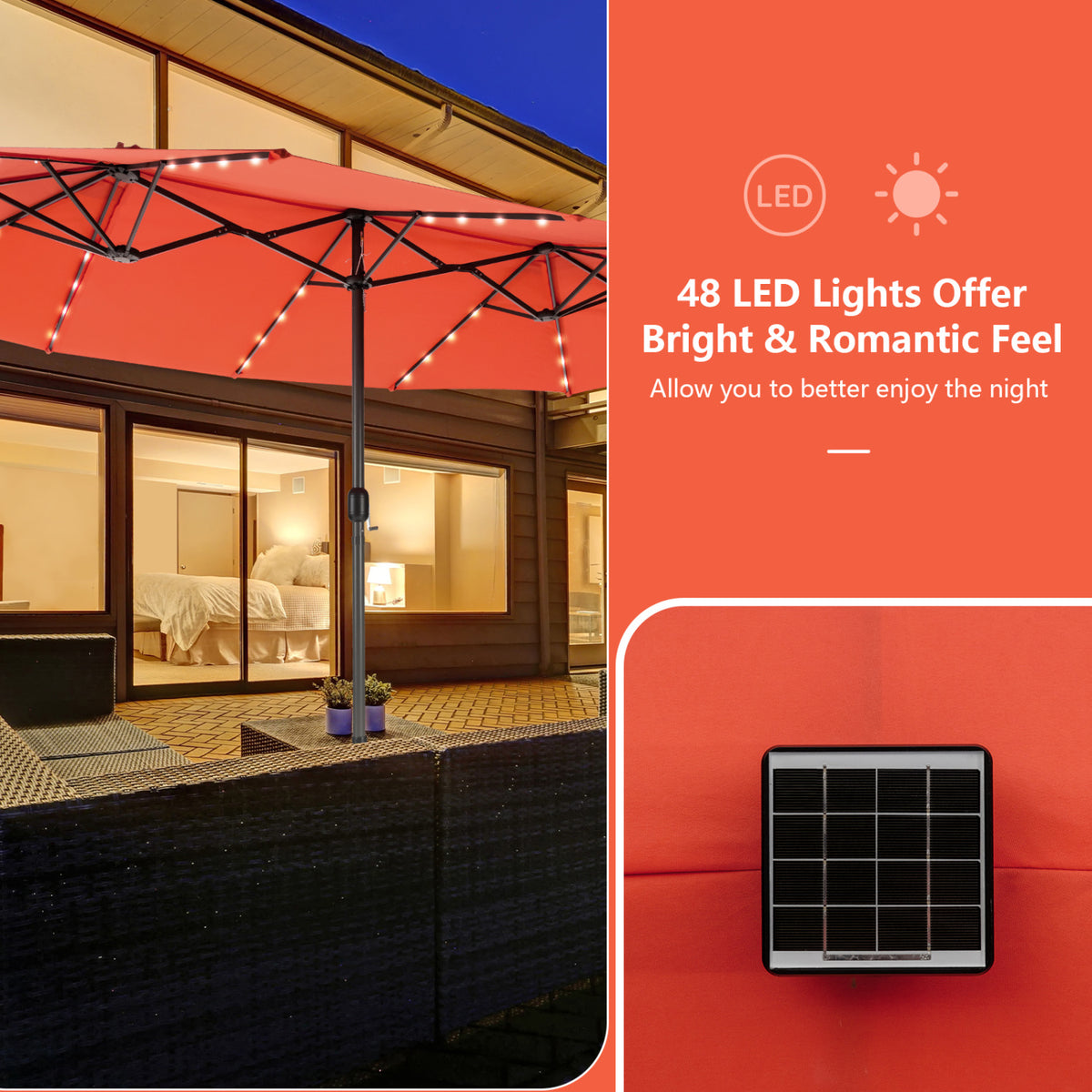 11 Pieces Patio Dining Set with LED Patio Umbrella with Base and Seat Cushions (Beige)-Orange-Patio Dining Sets-DECOROLALA