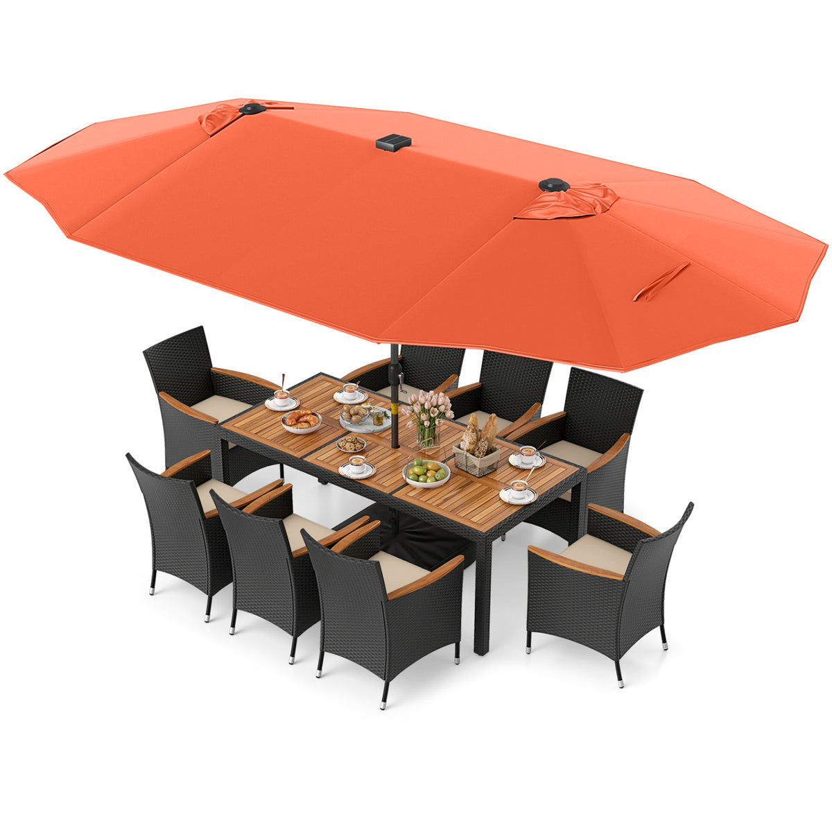 11 Pieces Patio Dining Set with LED Patio Umbrella with Base and Seat Cushions (Beige)-Orange-Patio Dining Sets-DECOROLALA