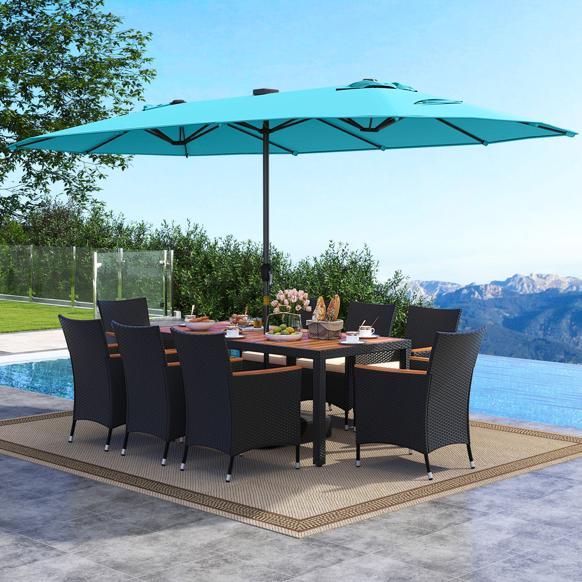 11 Pieces Patio Dining Set with LED Patio Umbrella with Base and Seat Cushions (Beige)-Turquoise-Patio Dining Sets-DECOROLALA