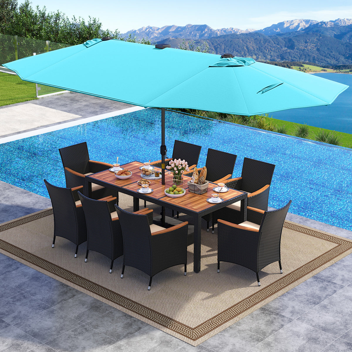 11 Pieces Patio Dining Set with LED Patio Umbrella with Base and Seat Cushions (Beige)-Turquoise-Patio Dining Sets-DECOROLALA