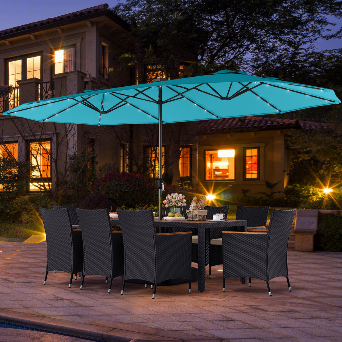 11 Pieces Patio Dining Set with LED Patio Umbrella with Base and Seat Cushions (Beige)-Turquoise-Patio Dining Sets-DECOROLALA