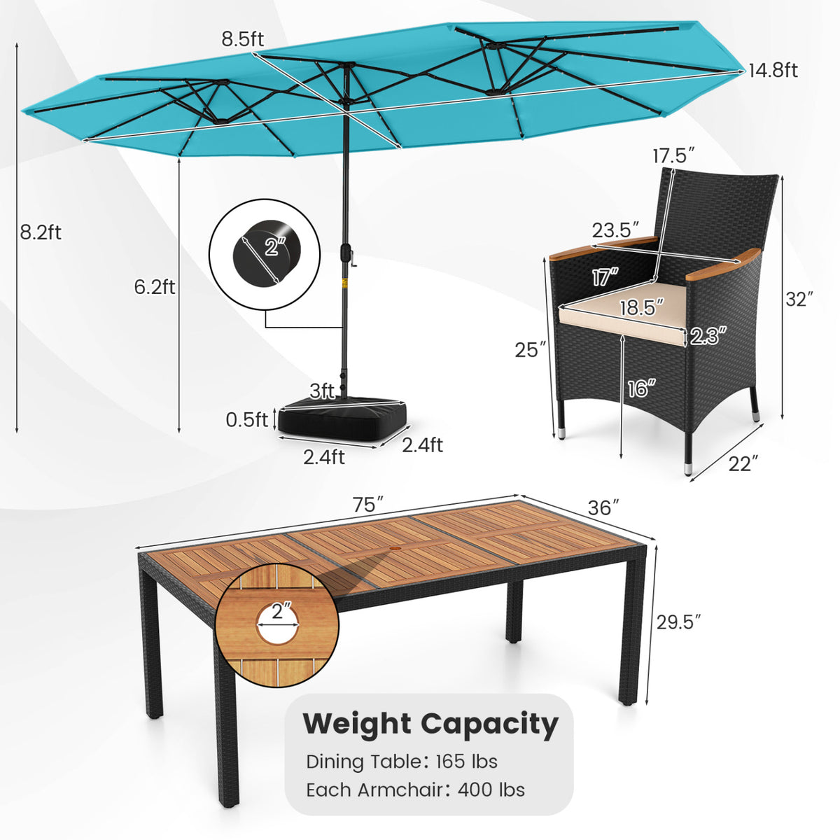 11 Pieces Patio Dining Set with LED Patio Umbrella with Base and Seat Cushions (Beige)-Turquoise-Patio Dining Sets-DECOROLALA