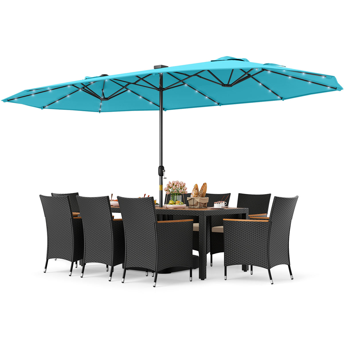 11 Pieces Patio Dining Set with LED Patio Umbrella with Base and Seat Cushions (Beige)-Turquoise-Patio Dining Sets-DECOROLALA