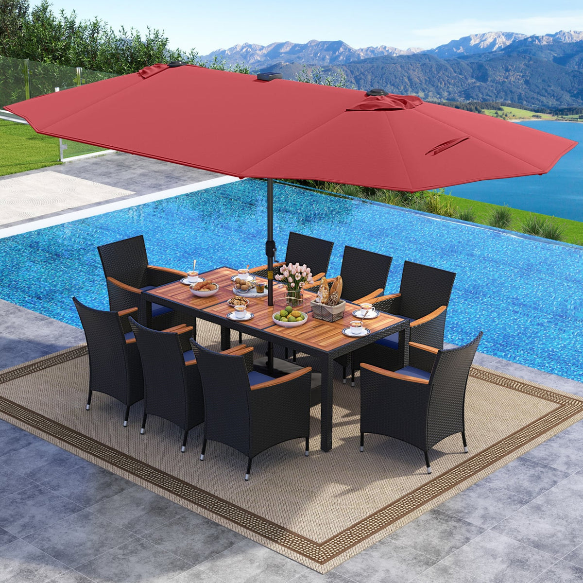 11 Pieces Patio Dining Set with LED Patio Umbrella with Base and Seat Cushions (Navy)-Wine-Patio Furniture Sets-DECOROLALA