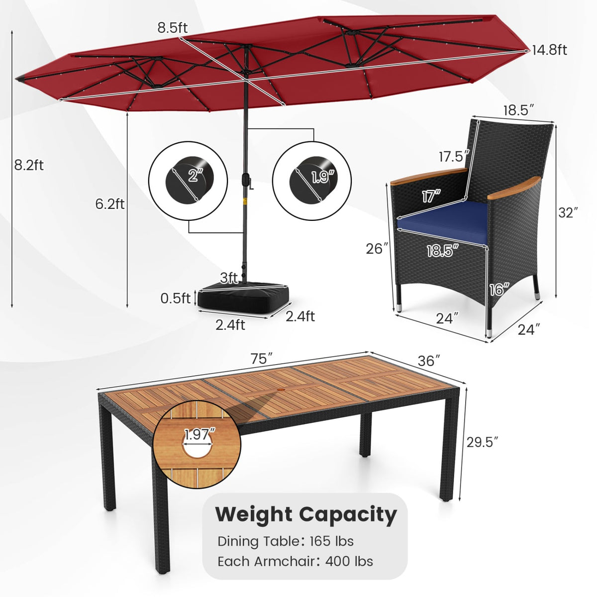11 Pieces Patio Dining Set with LED Patio Umbrella with Base and Seat Cushions (Navy)-Wine-Patio Furniture Sets-DECOROLALA