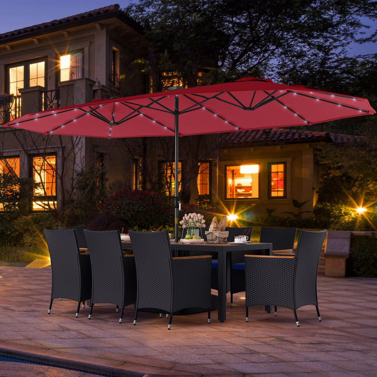 11 Pieces Patio Dining Set with LED Patio Umbrella with Base and Seat Cushions (Navy)-Wine-Patio Furniture Sets-DECOROLALA