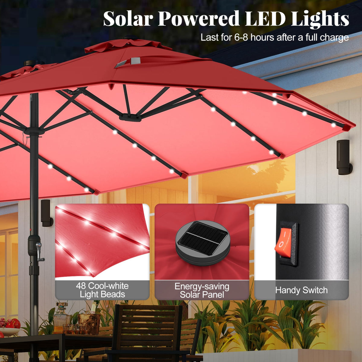 11 Pieces Patio Dining Set with LED Patio Umbrella with Base and Seat Cushions (Navy)-Wine-Patio Furniture Sets-DECOROLALA
