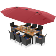 11 Pieces Patio Dining Set with LED Patio Umbrella with Base and Seat Cushions (Navy)-Wine-Patio Furniture Sets-DECOROLALA