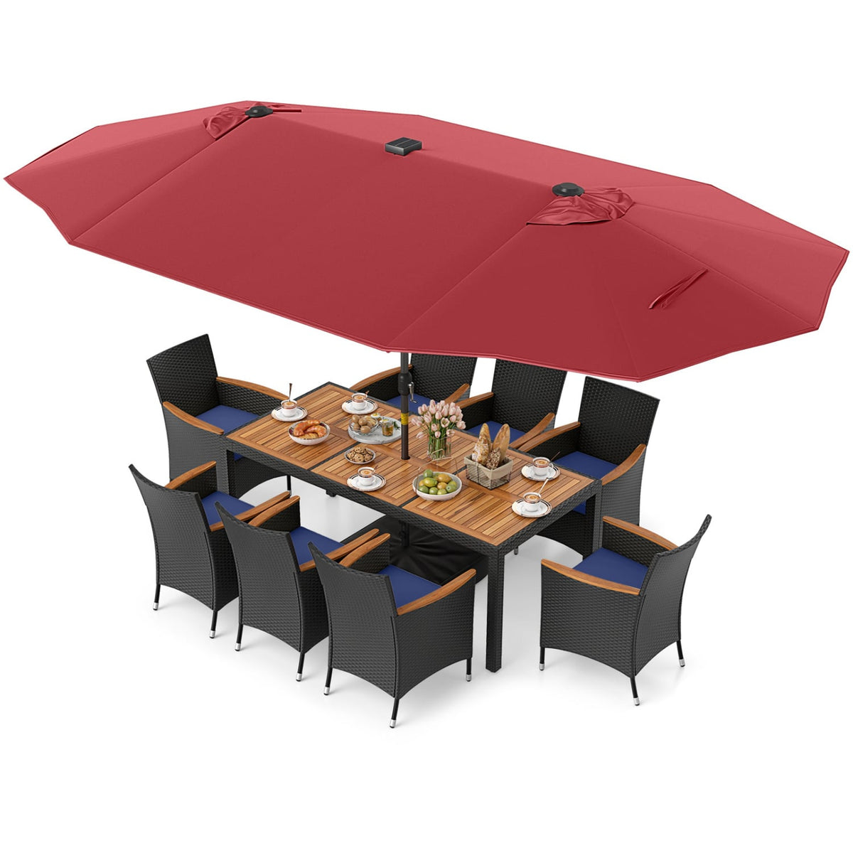 11 Pieces Patio Dining Set with LED Patio Umbrella with Base and Seat Cushions (Navy)-Wine-Patio Furniture Sets-DECOROLALA