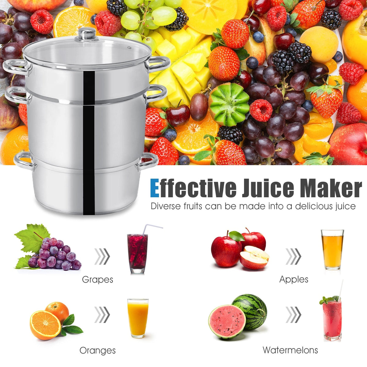 11-Quart Stainless Steel Fruit Juicer Steamer-Cookware & Bakeware-DECOROLALA
