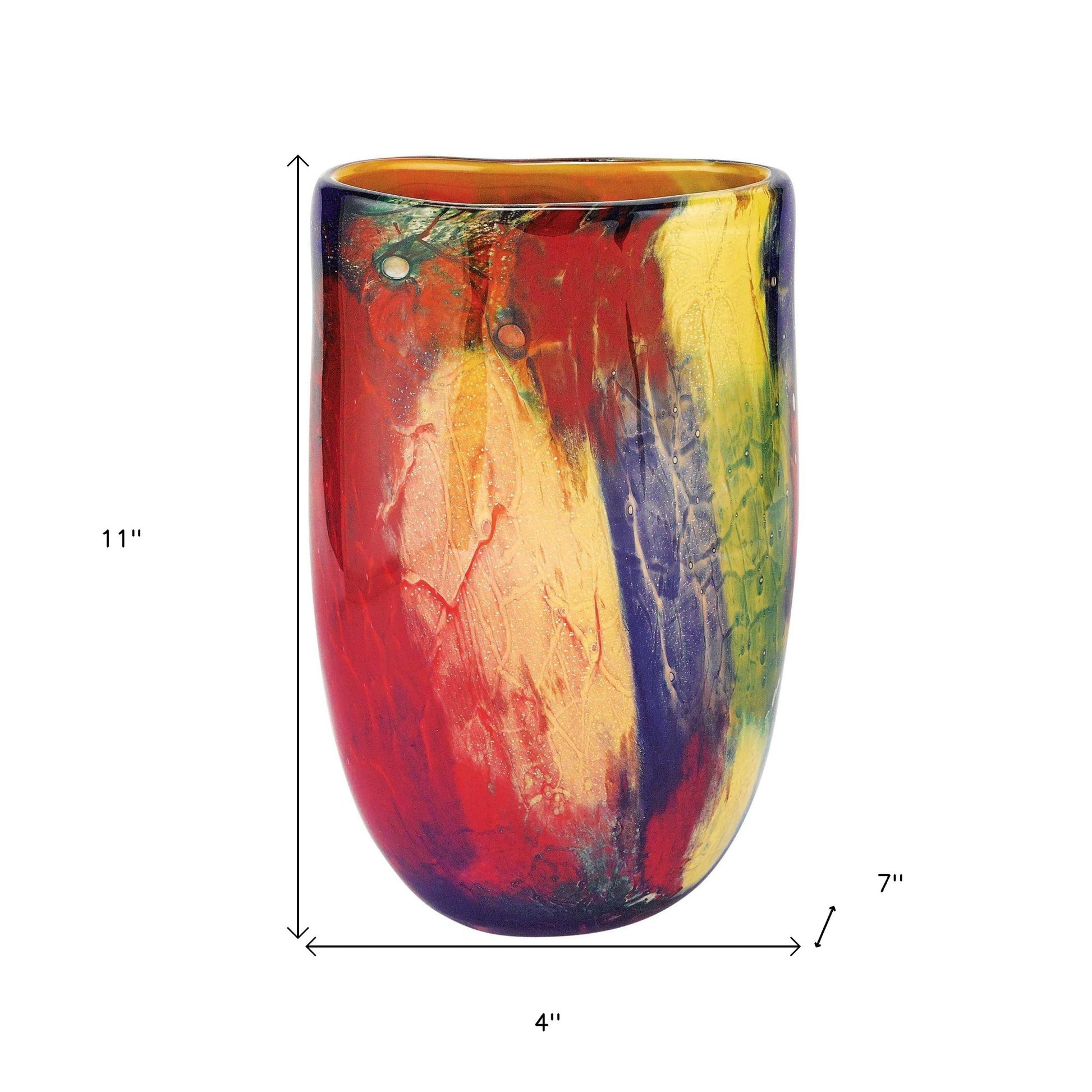 11" Red Purple And Yellow Abstract Oval Murano Glass Table Vase-Vases-DECOROLALA