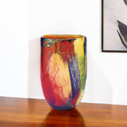11" Red Purple And Yellow Abstract Oval Murano Glass Table Vase-Vases-DECOROLALA