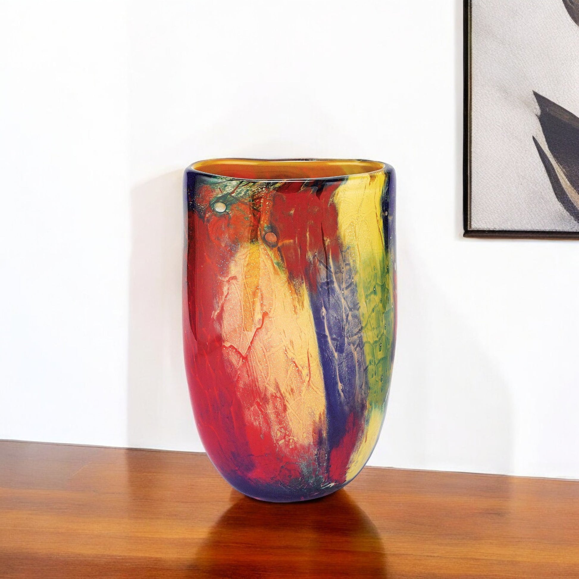 11" Red Purple And Yellow Abstract Oval Murano Glass Table Vase-Vases-DECOROLALA