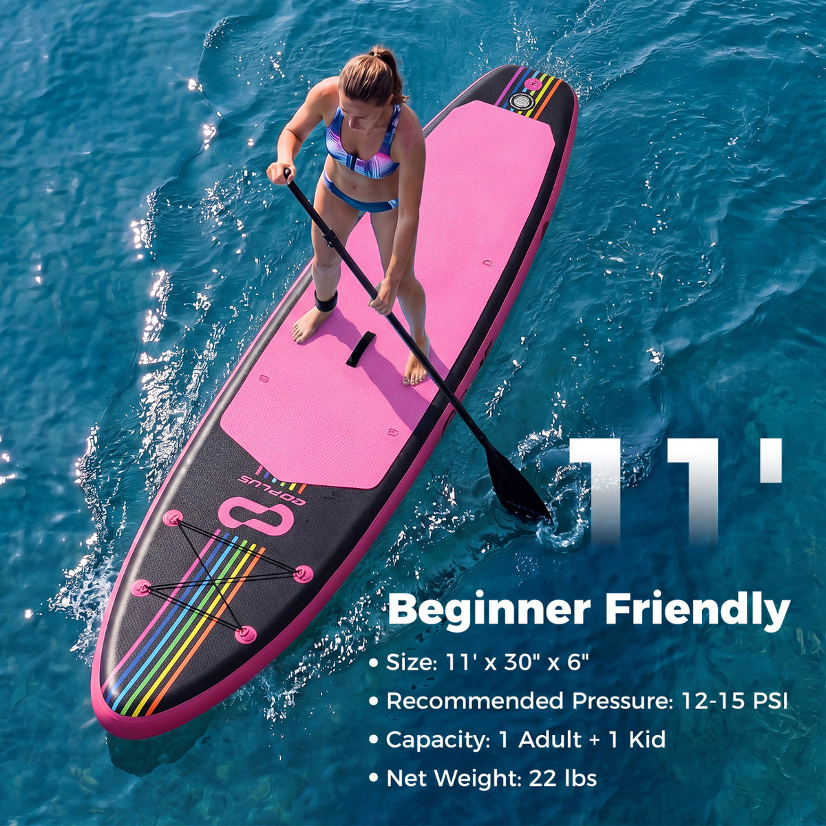 11' Wide Inflatable Stand Up Paddle Board with Backpack for All Skill Levels-Pink-Surfing-DECOROLALA