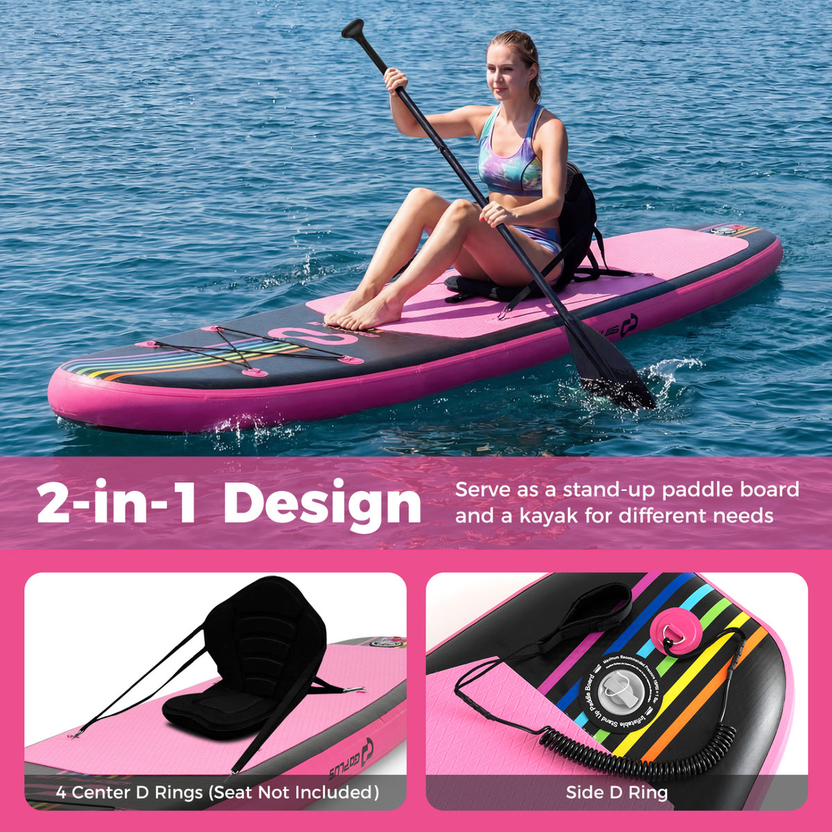 11' Wide Inflatable Stand Up Paddle Board with Backpack for All Skill Levels-Pink-Surfing-DECOROLALA