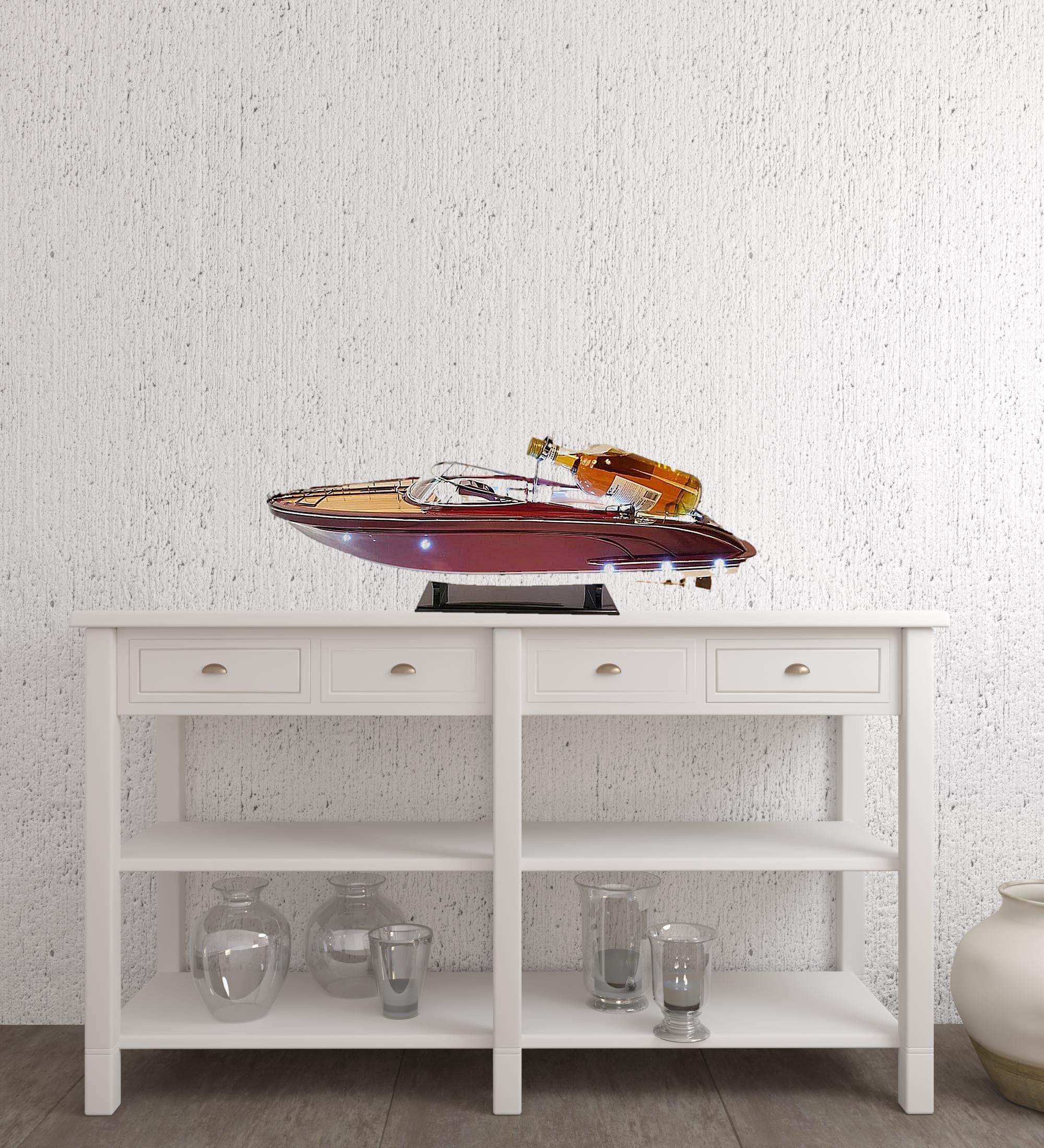 11" Wooden Wood Boat Sculpture and Wine Holder with LED Lights-Sculptures-DECOROLALA