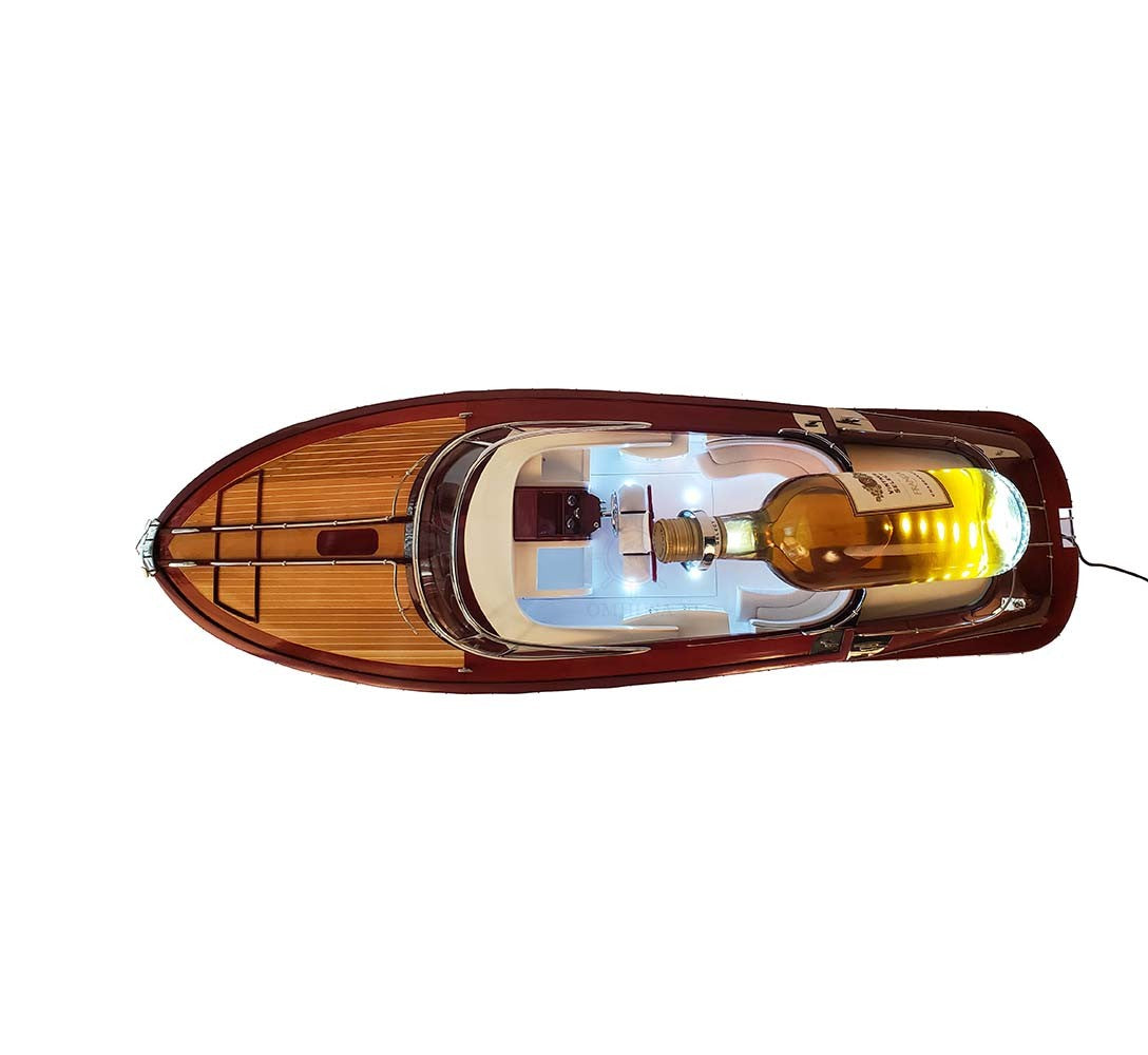 11" Wooden Wood Boat Sculpture and Wine Holder with LED Lights-Sculptures-DECOROLALA