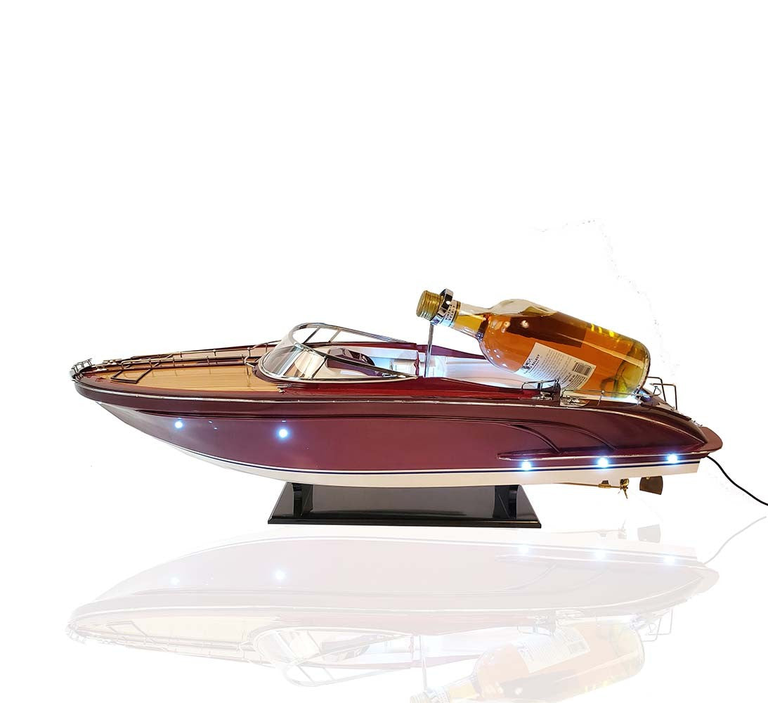 11" Wooden Wood Boat Sculpture and Wine Holder with LED Lights-Sculptures-DECOROLALA