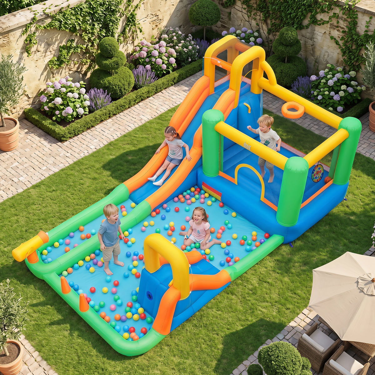 11-in-1 Inflatable Bounce House with Water Slide - Oxford Cloth-Inflatable Water Slides-DECOROLALA