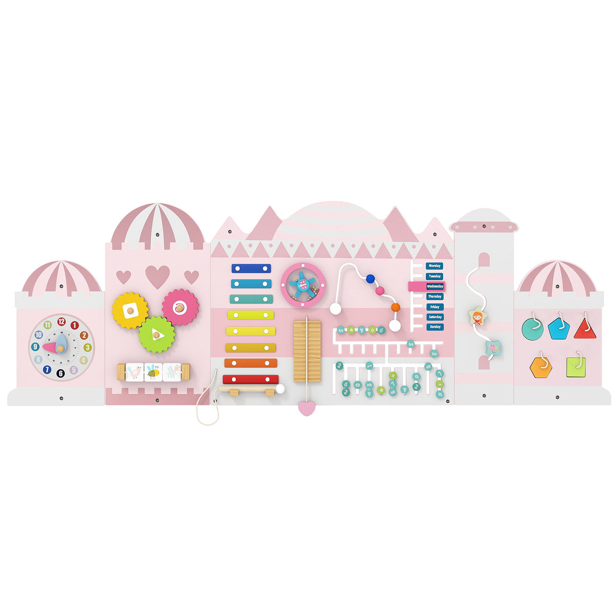 11-in-1 Wooden Activity Wall Busy Board for Toddlers - Pink-Educational Toys-DECOROLALA