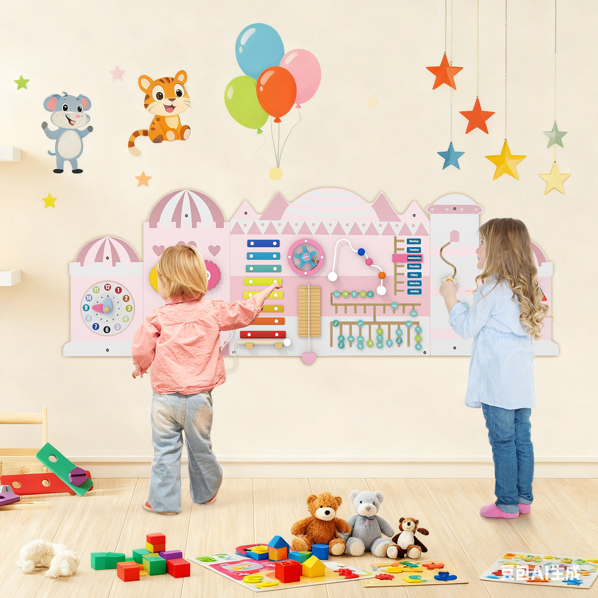 11-in-1 Wooden Activity Wall Busy Board for Toddlers - Pink-Educational Toys-DECOROLALA
