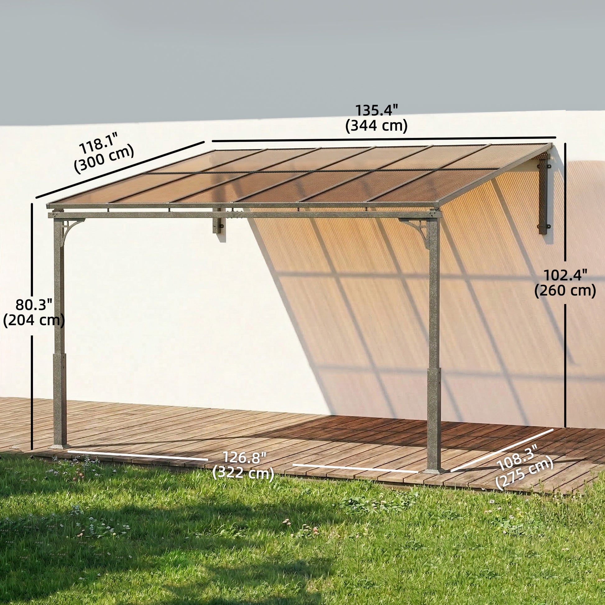 11' x 10' Wall-Mounted Gazebo Pergola - Brown Metal Frame-DECOROLALA