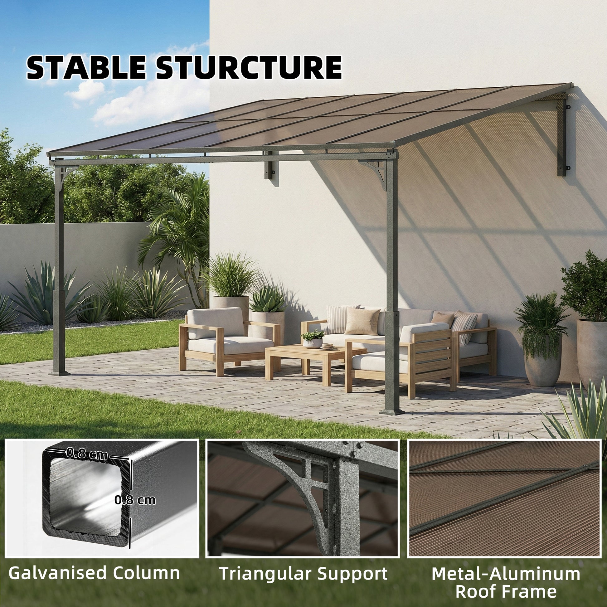 11' x 10' Wall-Mounted Gazebo Pergola - Brown Metal Frame-DECOROLALA