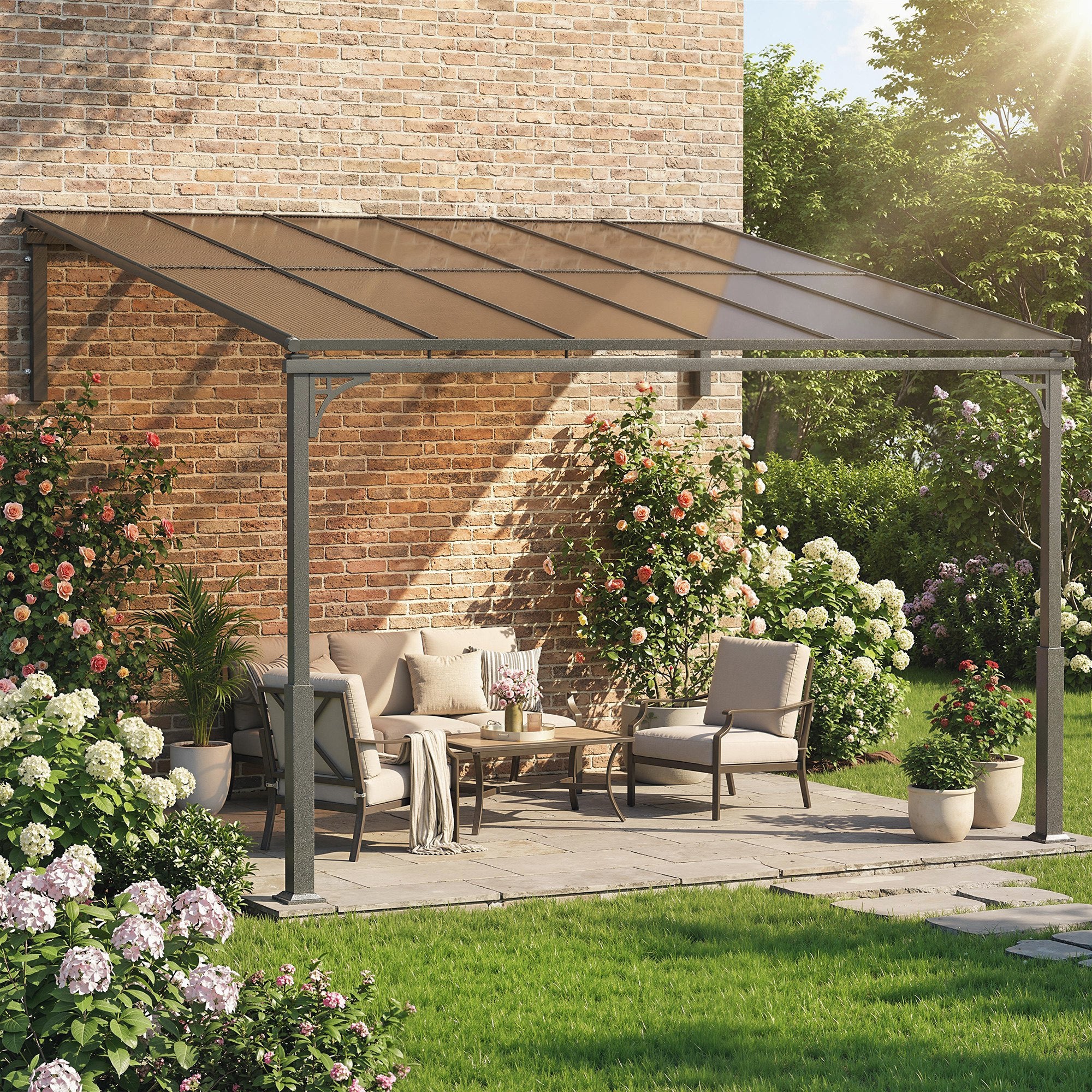 11' x 10' Wall-Mounted Gazebo Pergola - Brown Metal Frame-DECOROLALA