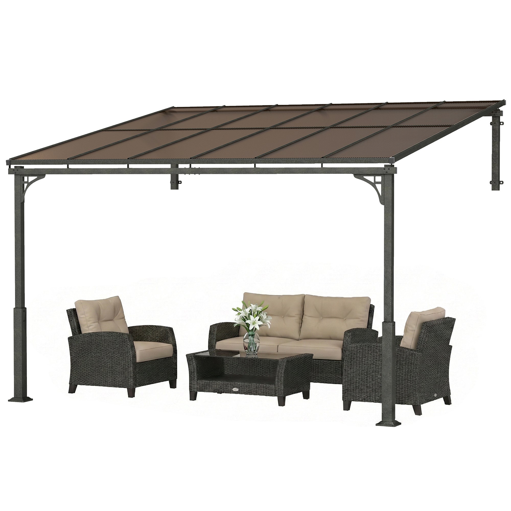 11' x 10' Wall-Mounted Gazebo Pergola - Brown Metal Frame-DECOROLALA