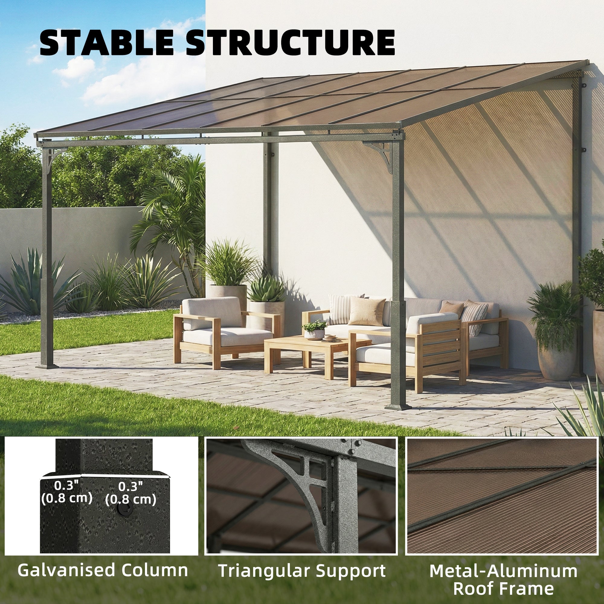 11' x 10' Wall Mounted Pergola - Brown Hardtop Gazebo-DECOROLALA
