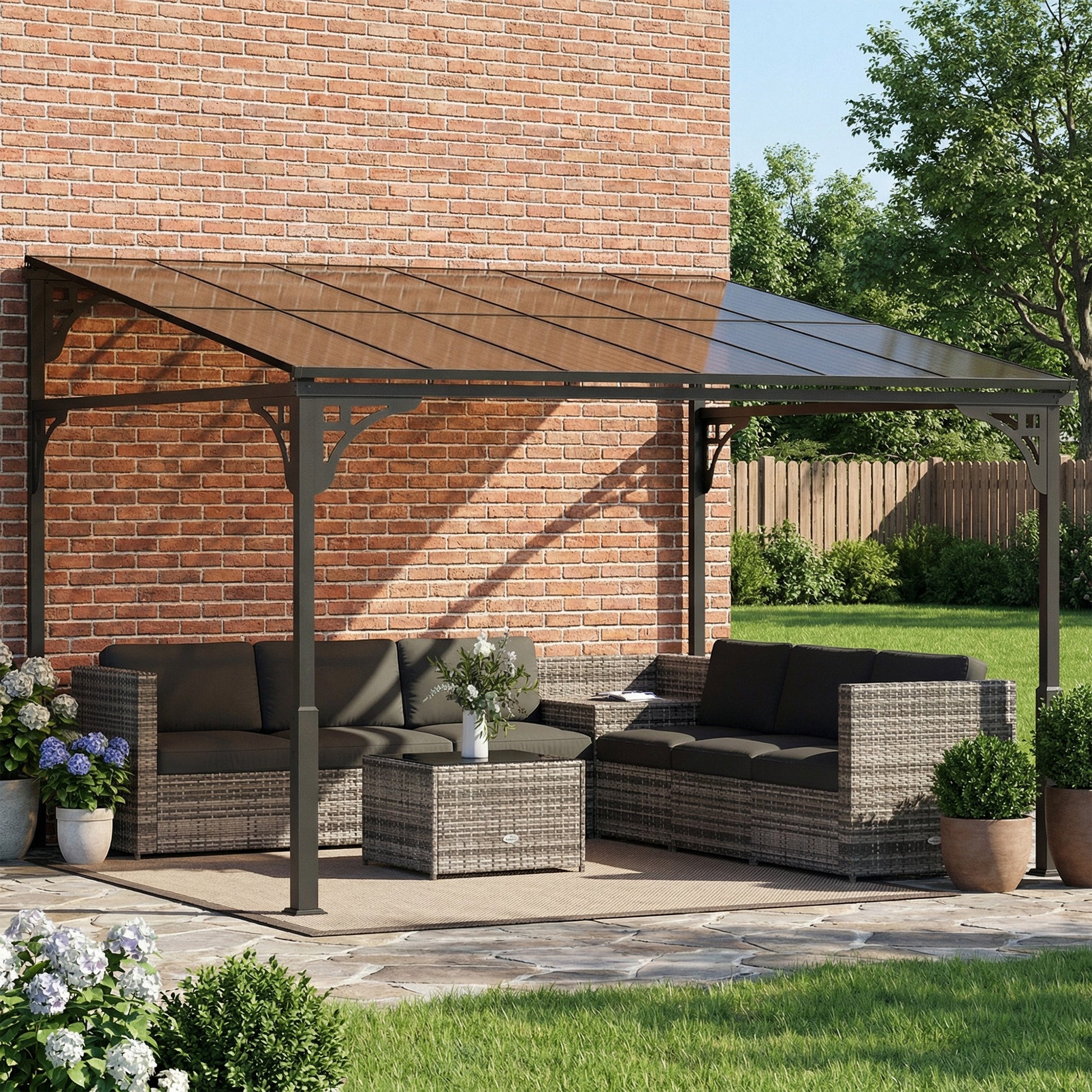 11' x 10' Wall Mounted Pergola - Brown Hardtop Gazebo-DECOROLALA