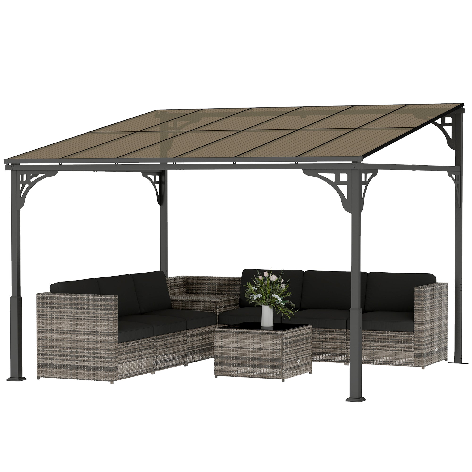 11' x 10' Wall Mounted Pergola - Brown Hardtop Gazebo-DECOROLALA