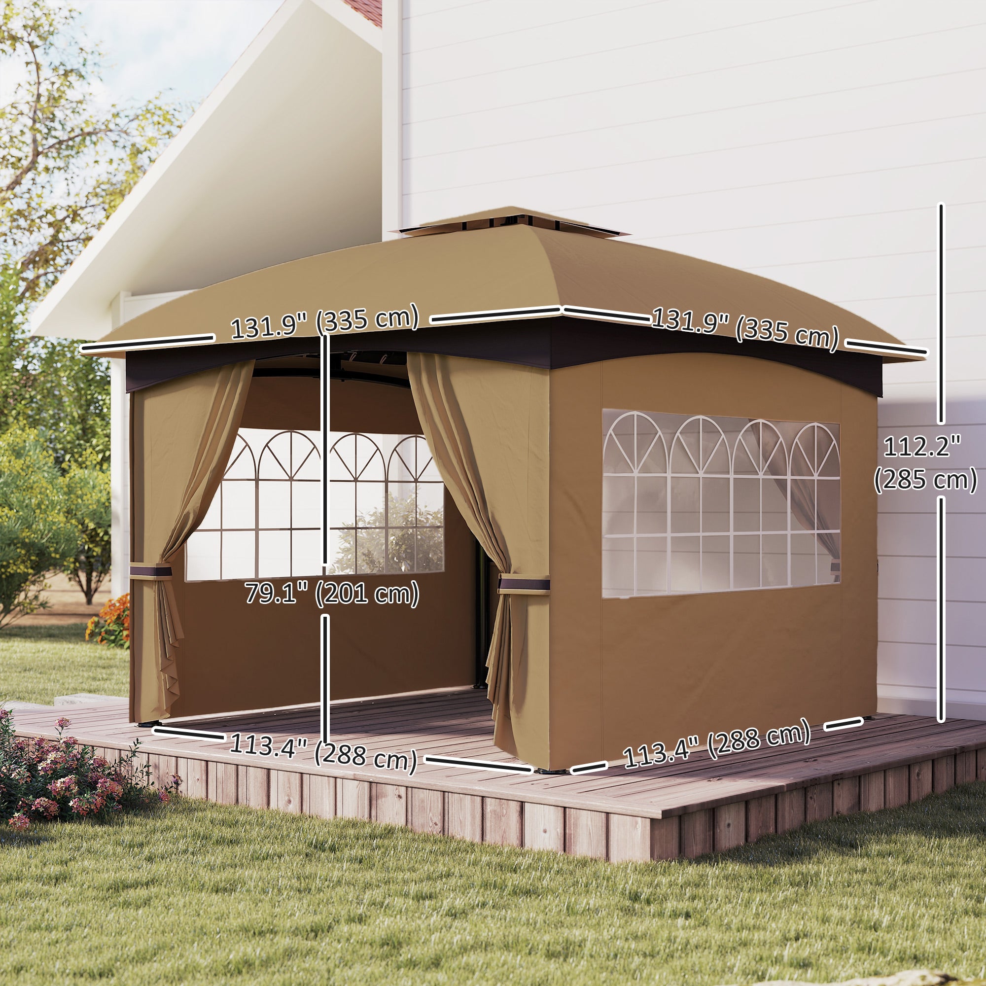 11' x 11' Double Roof Patio Gazebo with Curtains - Beige-DECOROLALA