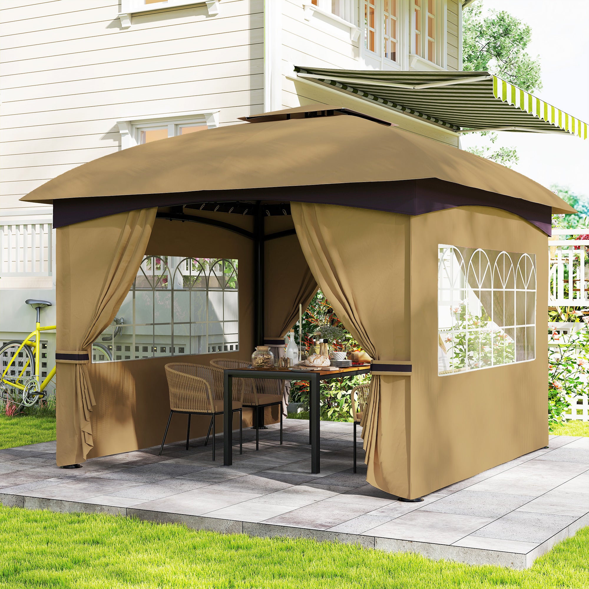 11' x 11' Double Roof Patio Gazebo with Curtains - Beige-DECOROLALA