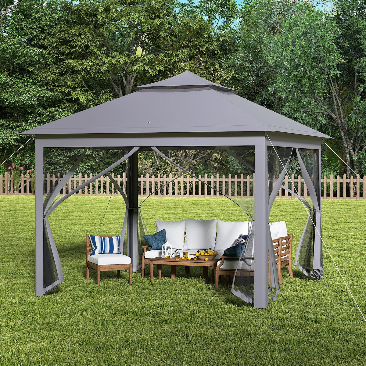 11 x 11 Feet 2-Tier Pop-Up Gazebo Tent Portable Canopy Shelter Carry Bag Mesh-Gray-Gazebos-DECOROLALA