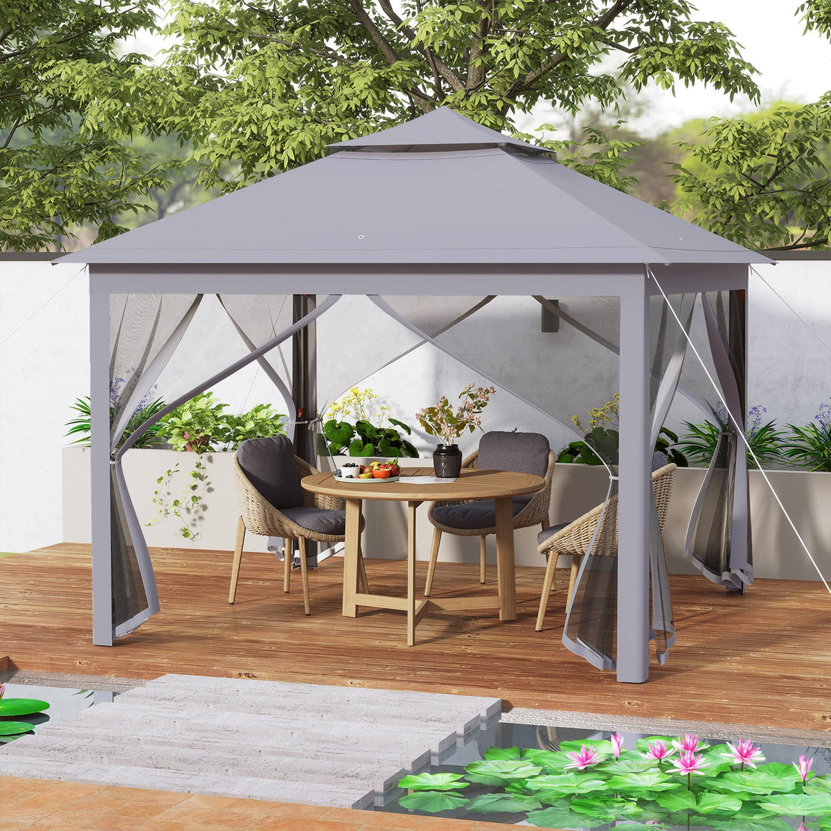 11 x 11 Feet 2-Tier Pop-Up Gazebo Tent Portable Canopy Shelter Carry Bag Mesh-Gray-Gazebos-DECOROLALA