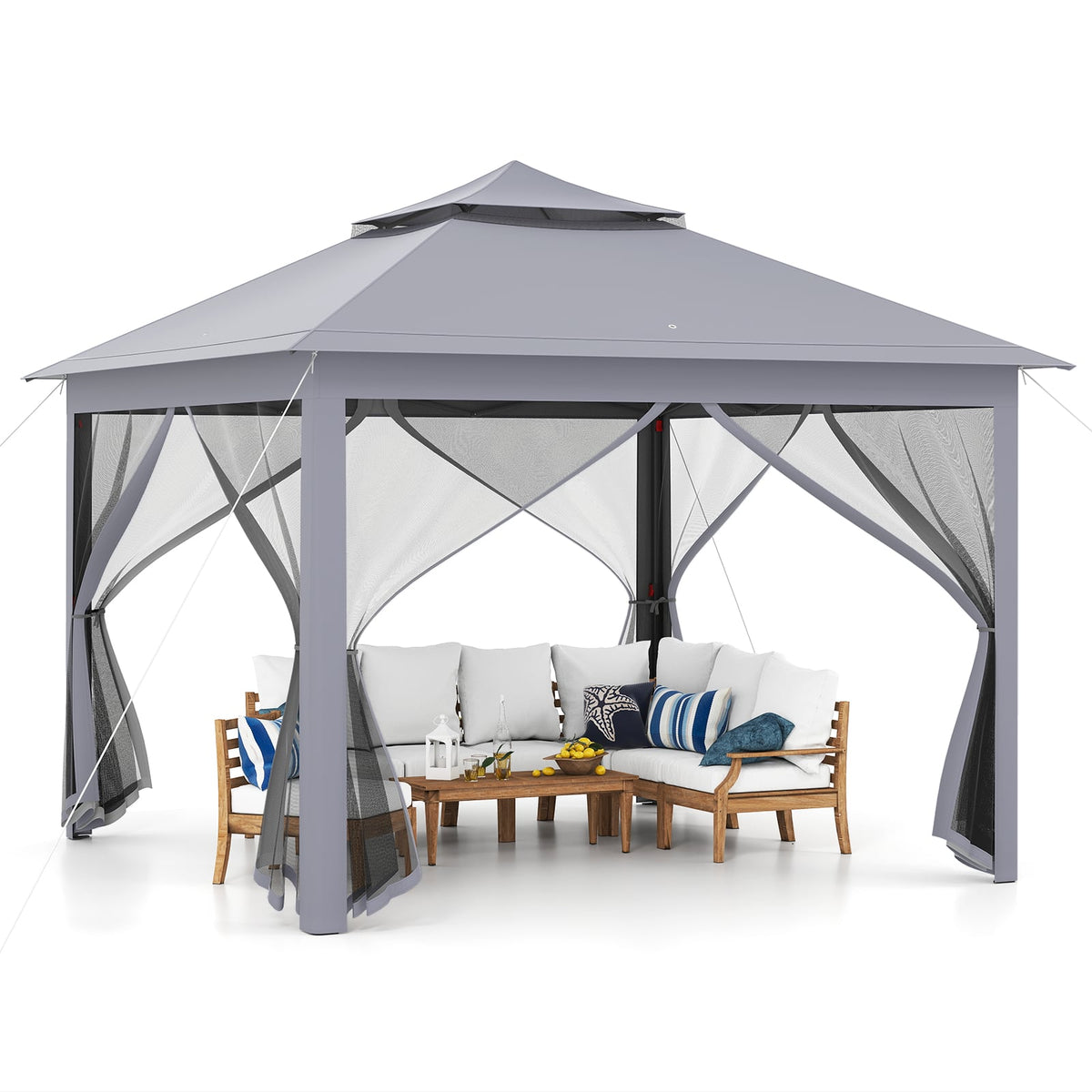 11 x 11 Feet 2-Tier Pop-Up Gazebo Tent Portable Canopy Shelter Carry Bag Mesh-Gray-Gazebos-DECOROLALA