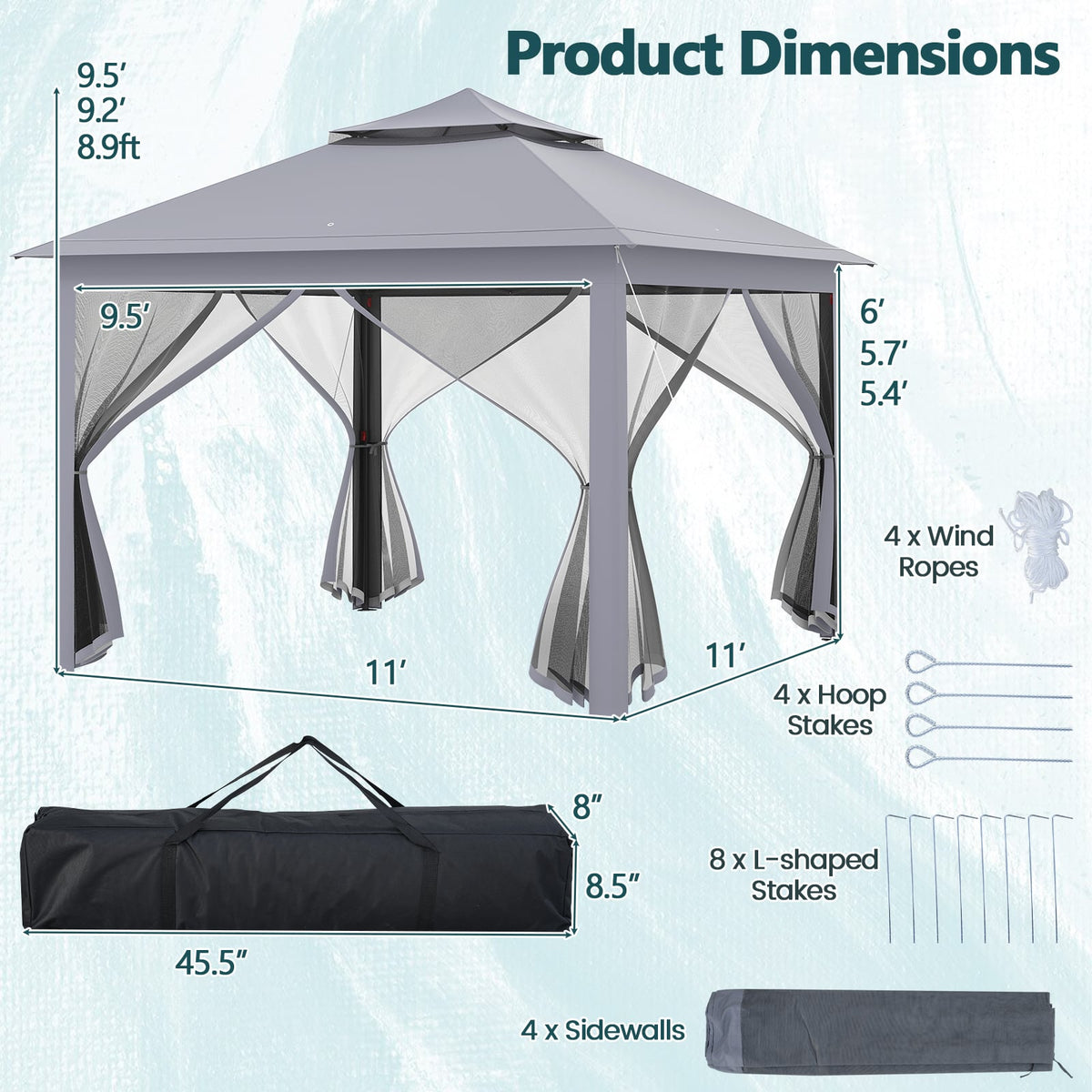 11 x 11 Feet 2-Tier Pop-Up Gazebo Tent Portable Canopy Shelter Carry Bag Mesh-Gray-Gazebos-DECOROLALA
