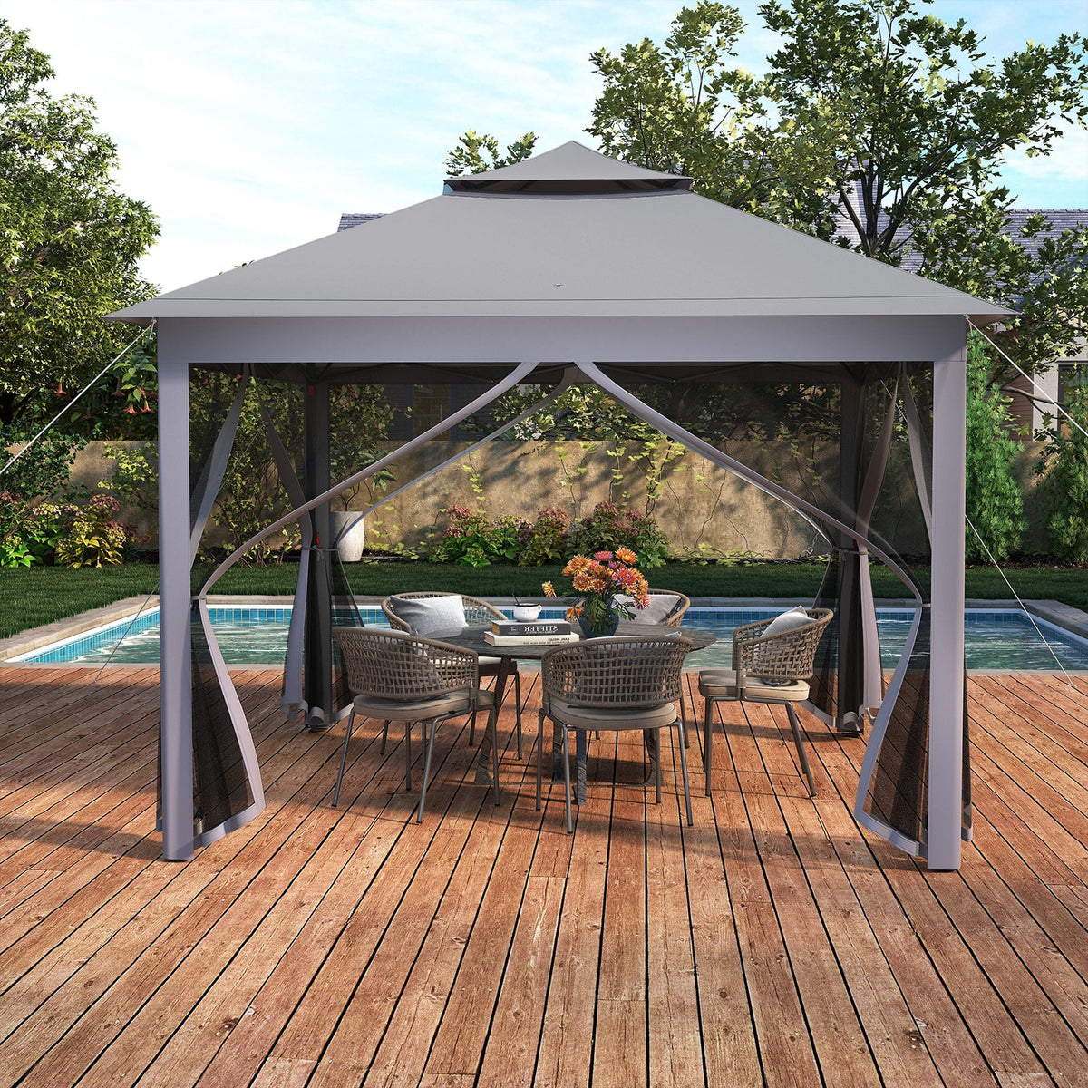 11 x 11 Feet 2-Tier Pop-Up Gazebo Tent Portable Canopy Shelter Carry Bag Mesh-Gray-Gazebos-DECOROLALA