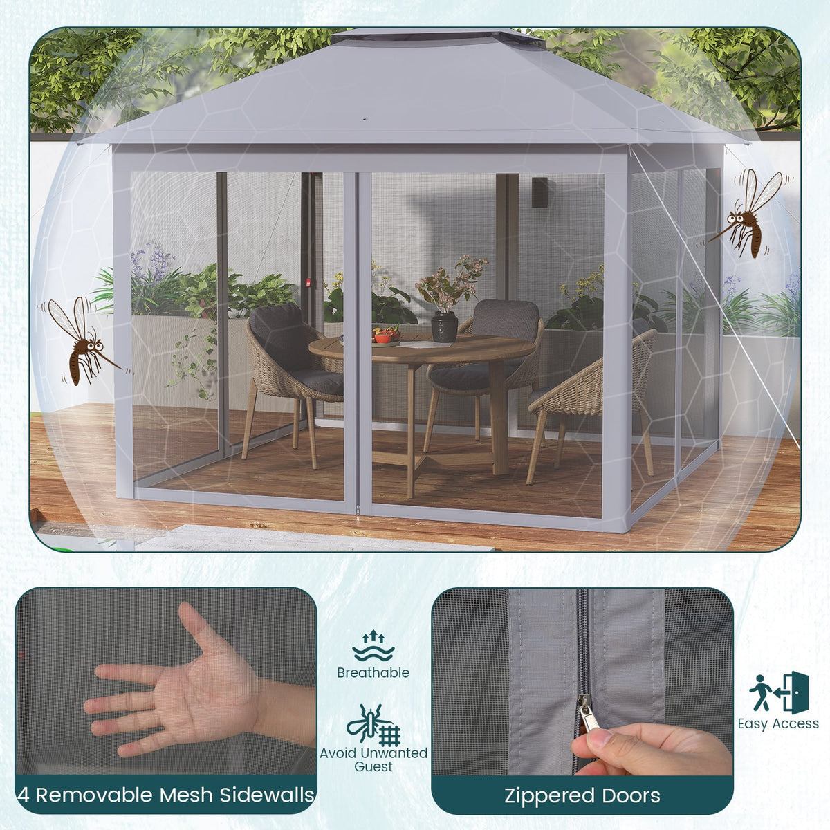 11 x 11 Feet 2-Tier Pop-Up Gazebo Tent Portable Canopy Shelter Carry Bag Mesh-Gray-Gazebos-DECOROLALA