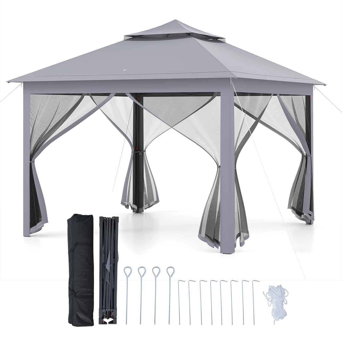11 x 11 Feet 2-Tier Pop-Up Gazebo Tent Portable Canopy Shelter Carry Bag Mesh-Gray-Gazebos-DECOROLALA