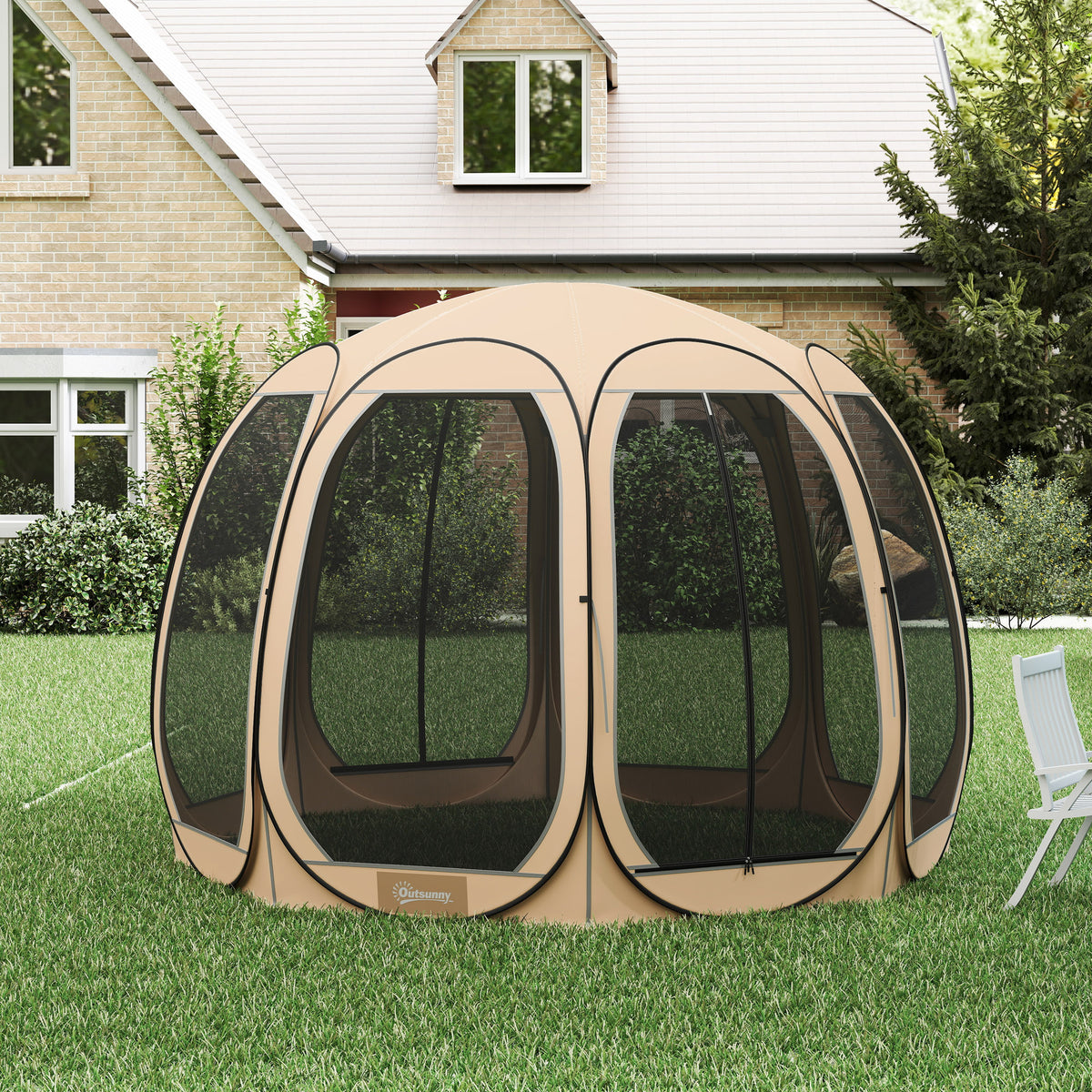 11' x 11.5' Pop Up Screen Tent Gazebo - Beige-Camping Tents-DECOROLALA