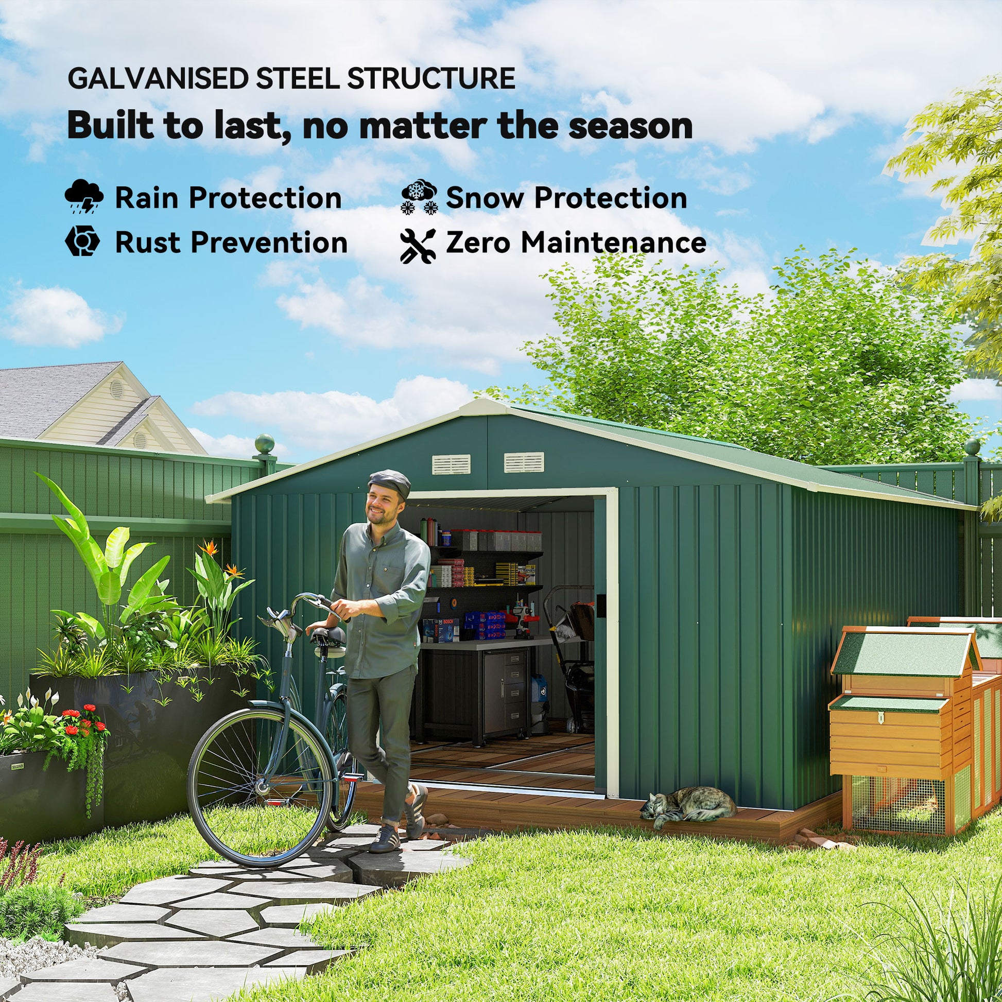11' x 13' Metal Garden Storage Shed - Green Galvanized Steel-Patio & Garden > Lawn & Garden > Sheds-DECOROLALA