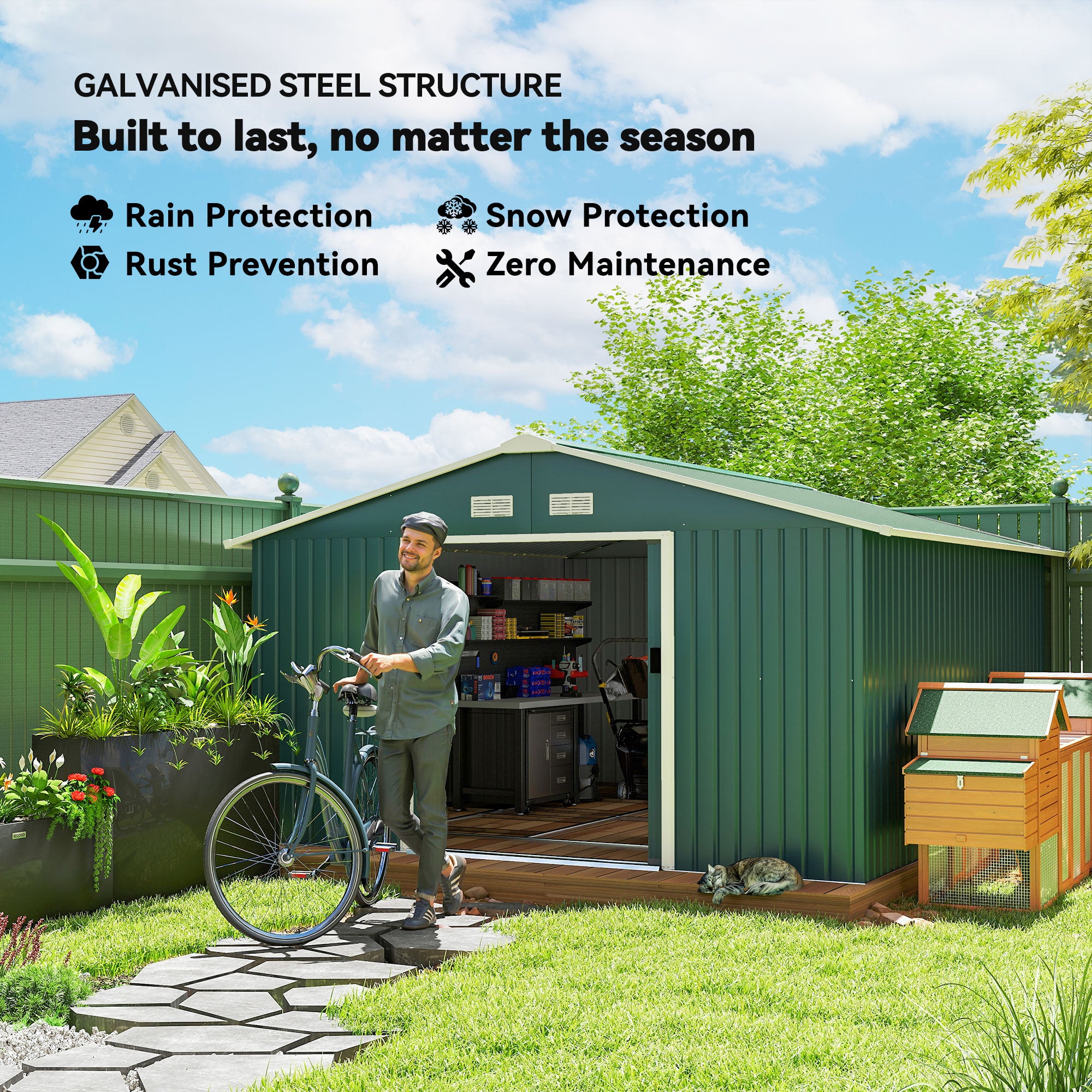 11' x 13' Metal Garden Storage Shed - Green Galvanized Steel-Patio & Garden > Lawn & Garden > Sheds-DECOROLALA