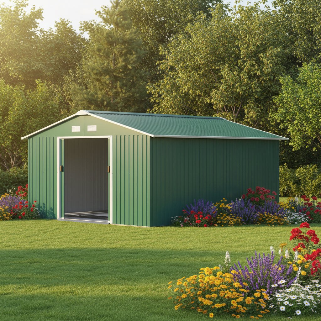 11' x 13' Metal Garden Storage Shed - Green Galvanized Steel-Patio & Garden > Lawn & Garden > Sheds-DECOROLALA
