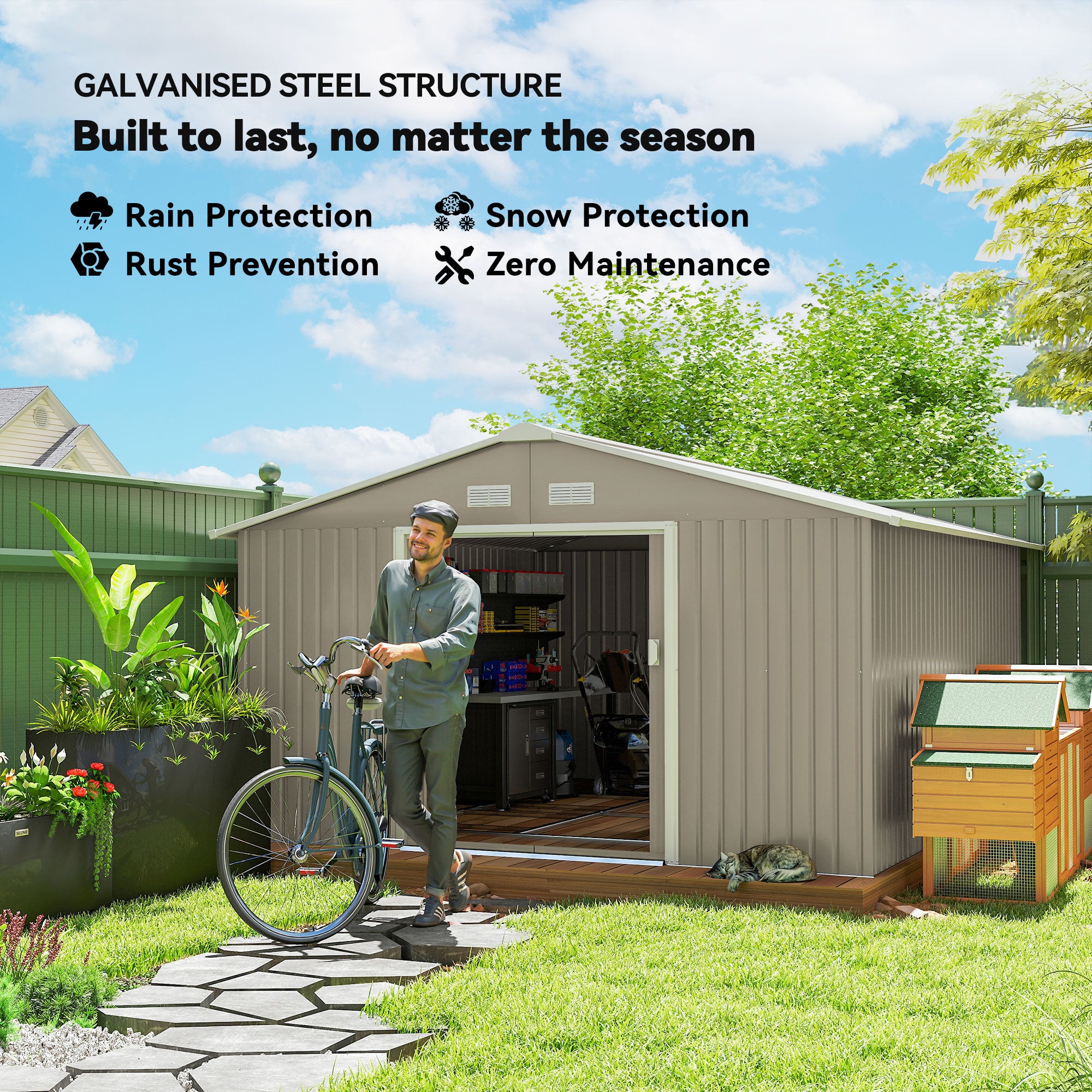 11' x 13' Metal Garden Storage Shed - Light Grey-Patio & Garden > Lawn & Garden > Sheds-DECOROLALA