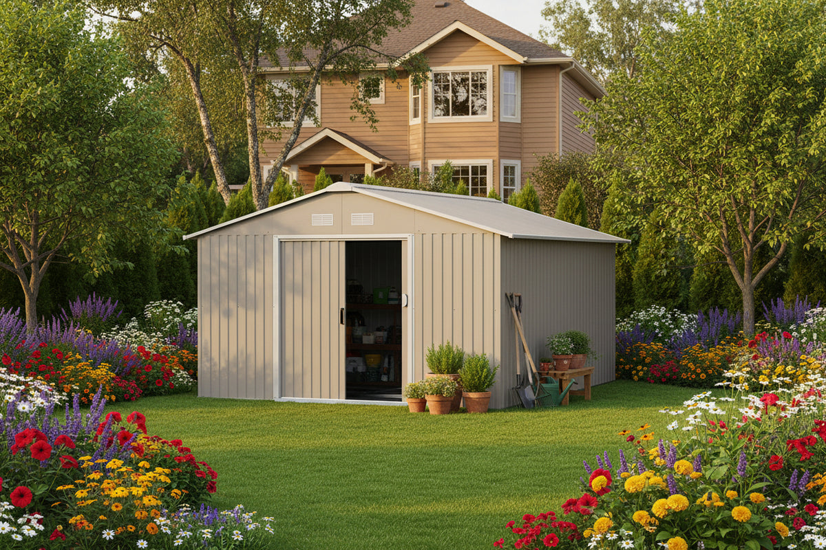 11' x 13' Metal Garden Storage Shed - Light Grey-Patio & Garden > Lawn & Garden > Sheds-DECOROLALA