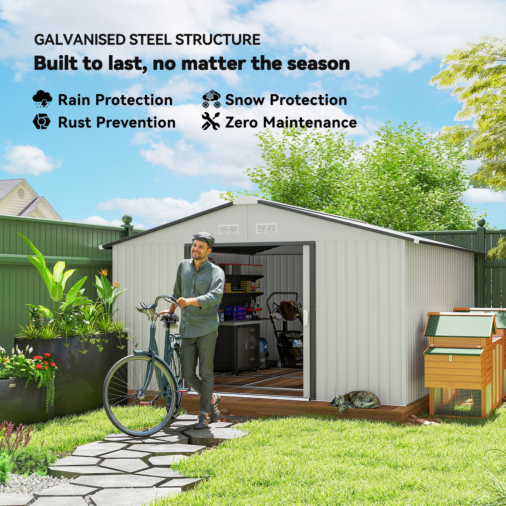 11' x 13' Metal Garden Storage Shed with Foundation - White-Patio & Garden > Lawn & Garden > Sheds-DECOROLALA