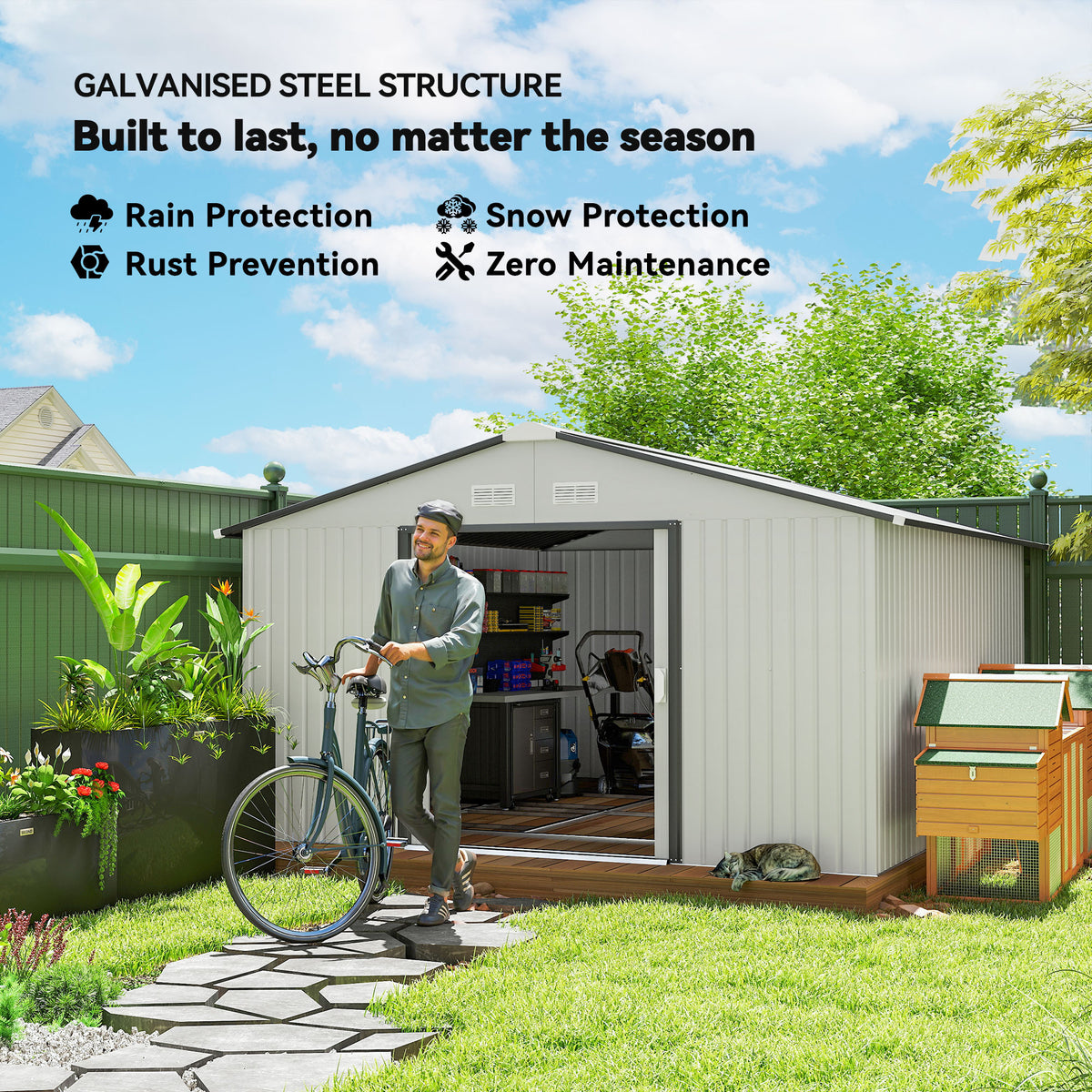 11' x 13' Metal Garden Storage Shed with Foundation - White-Patio & Garden > Lawn & Garden > Sheds-DECOROLALA